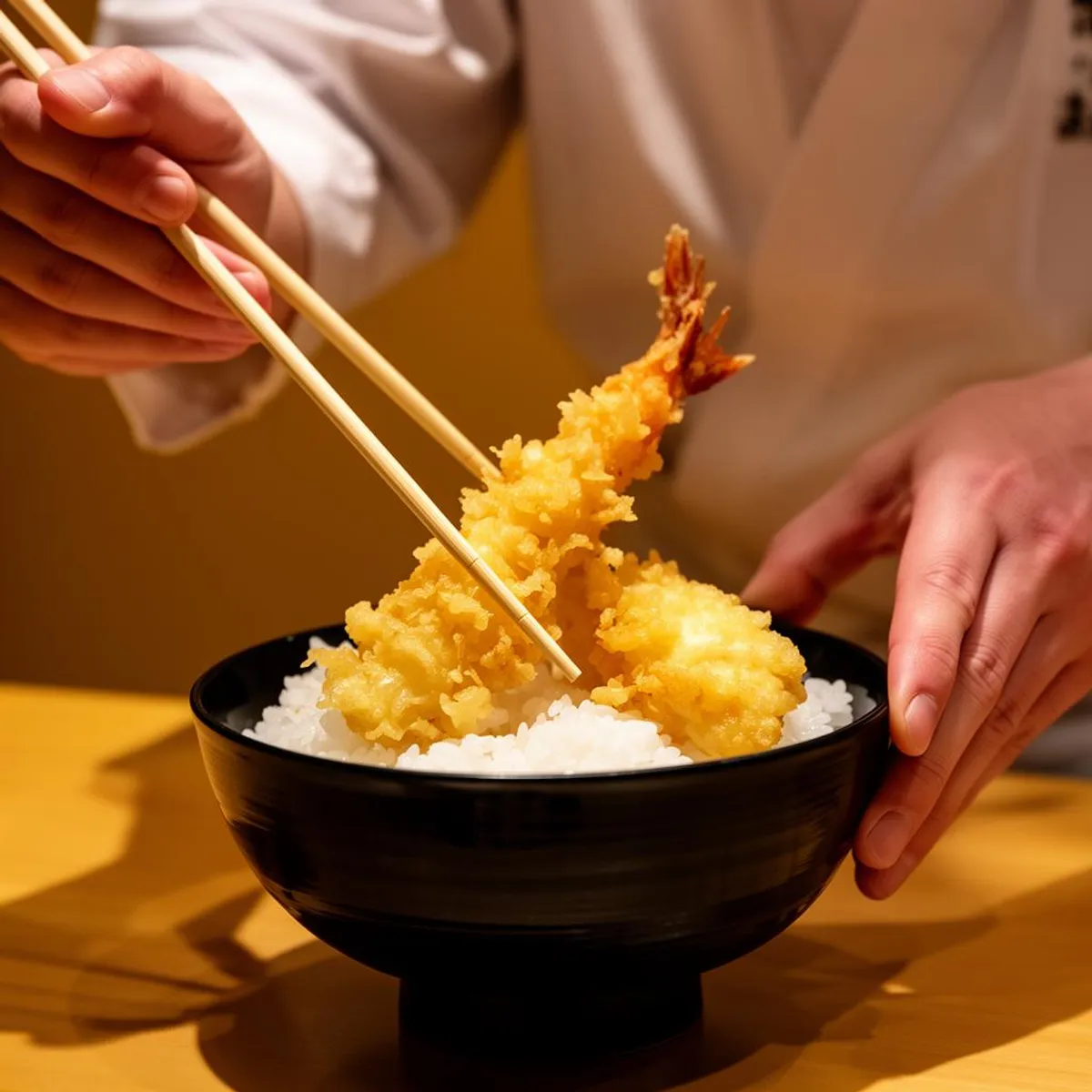 丼に天ぷらを盛りつける（イメージ）。
