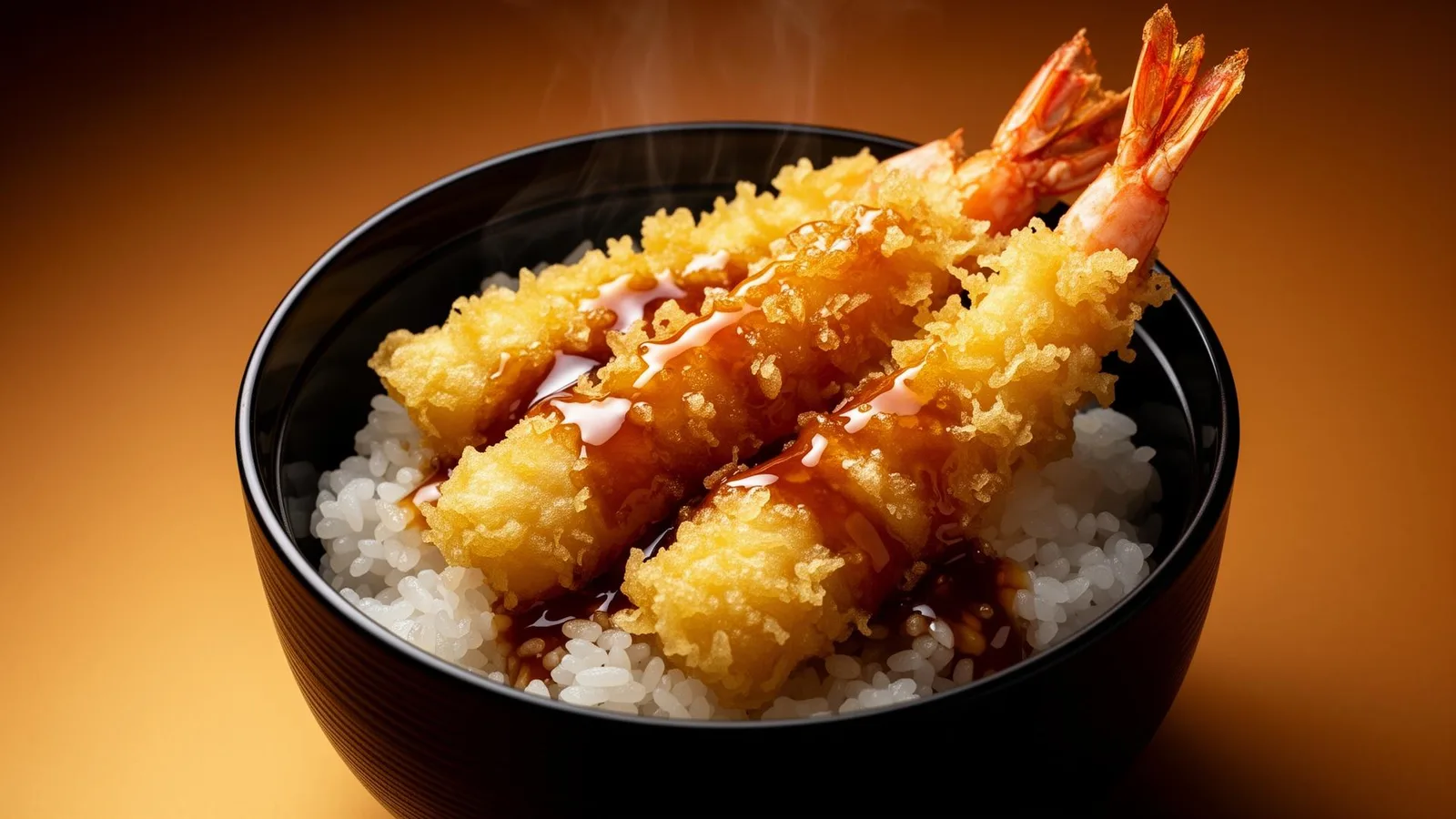 黒い丼に盛られた金色の海老天丼（イメージ）。